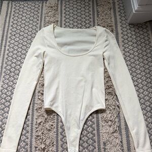 Women's Cream Long Sleeve Scoop Neck Bodysuit